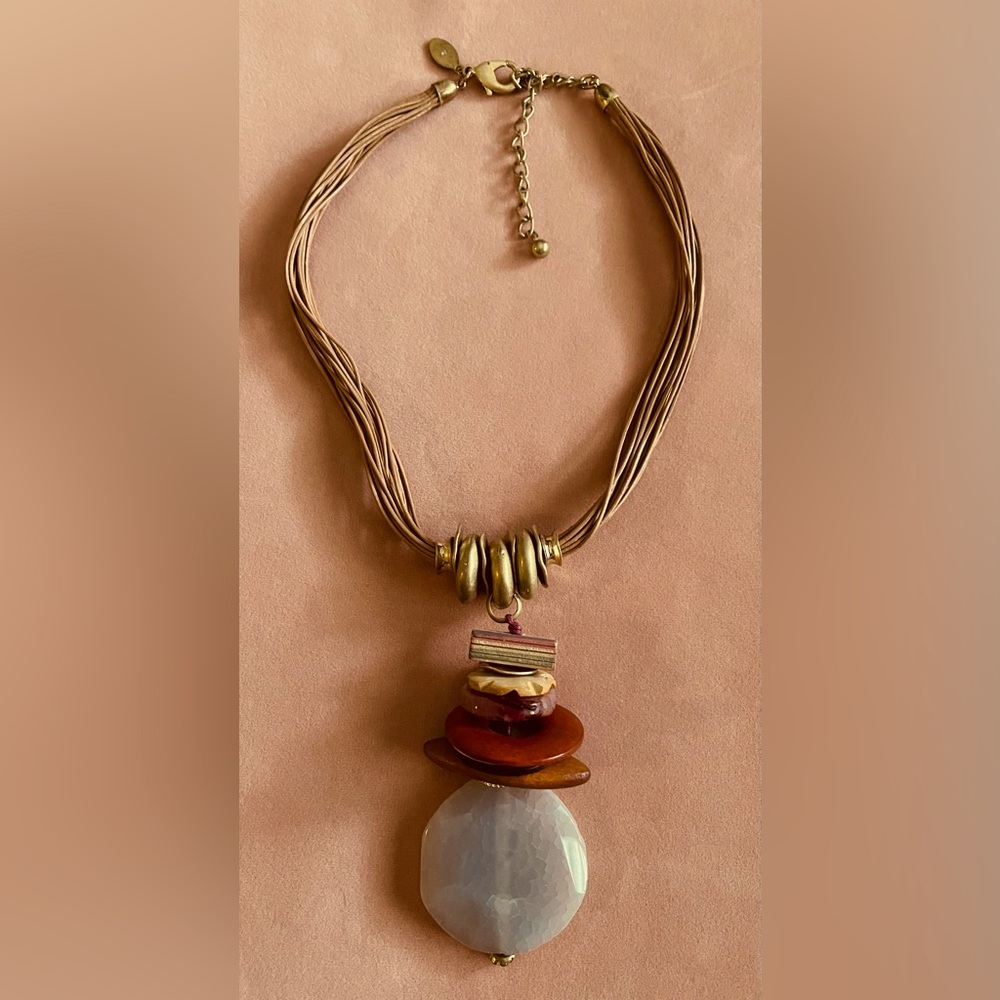Chico’s chunky stones, wood, brass on a leather strung necklace 12” Fun piece